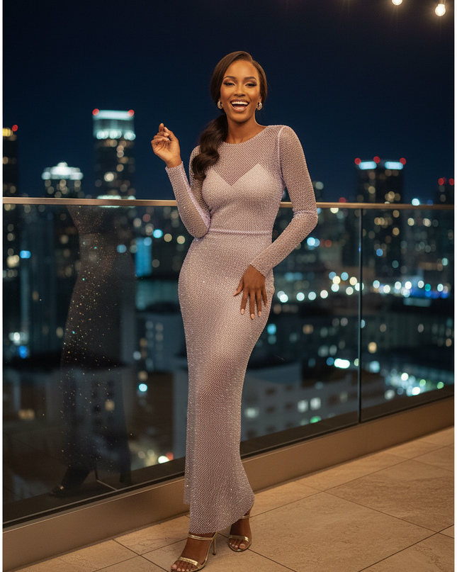Weisses Glitzer Kleid Strass Langarm - Ansicht 3