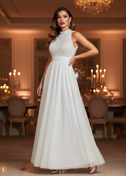 Weisses Glitzerkleid Lang V-Ausschnitt - Ansicht 1