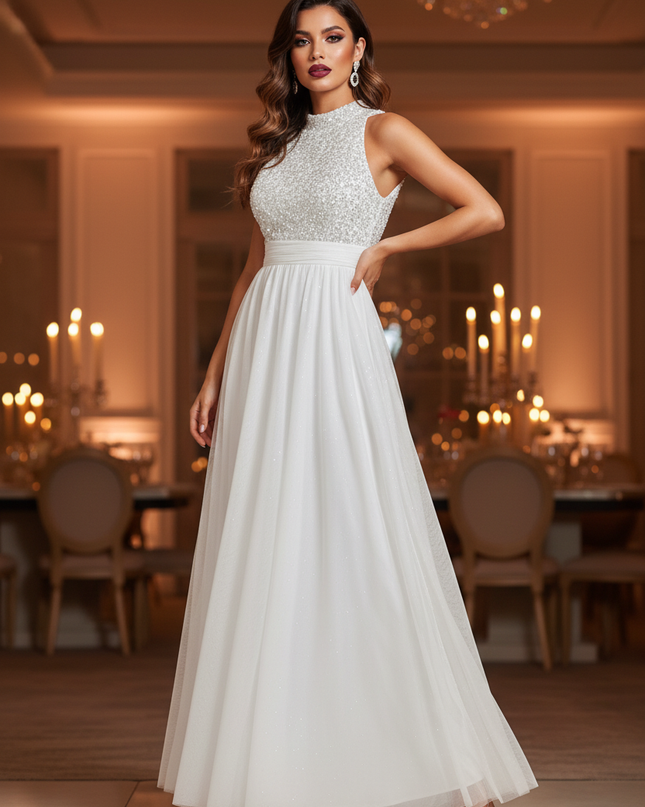 Weisses Glitzerkleid Lang V-Ausschnitt - Ansicht 1