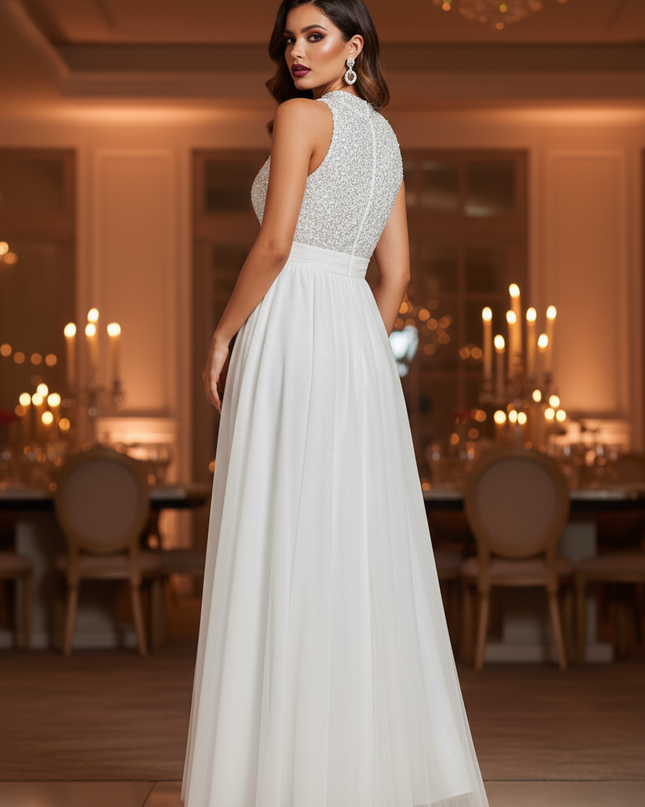 Weisses Glitzerkleid Lang V-Ausschnitt - Ansicht 2