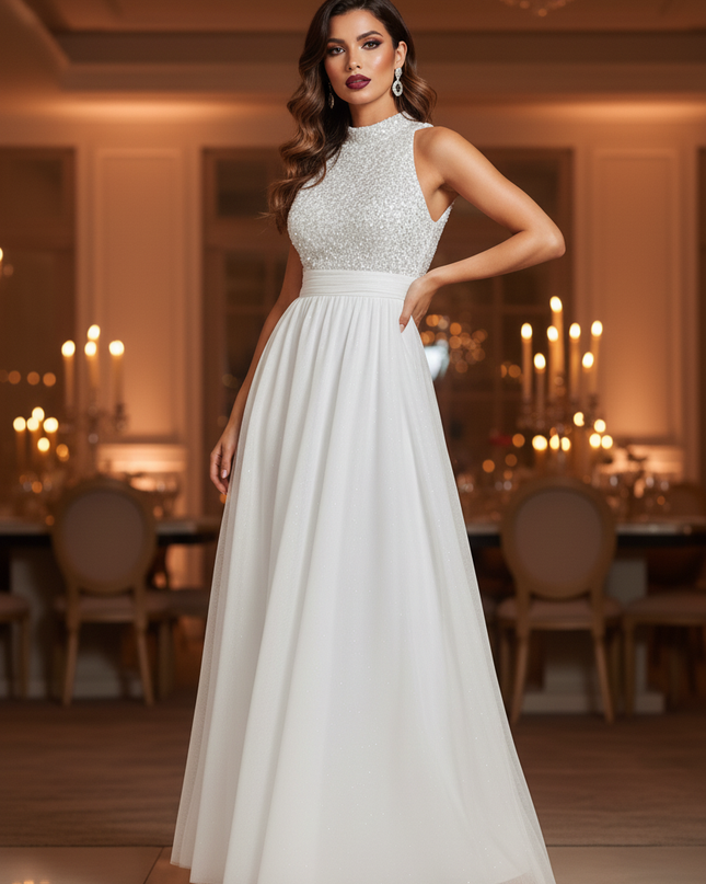 Weisses Glitzerkleid Lang V-Ausschnitt - Ansicht 3