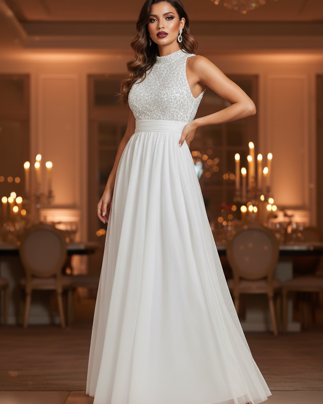 Weisses Glitzerkleid Lang V-Ausschnitt - Ansicht 4