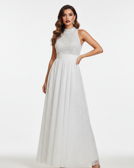 Weisses Glitzerkleid Lang V-Ausschnitt - Ansicht 5