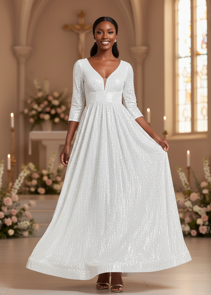 Weisses Pailletten Kleid Dreiviertel - Ansicht 1