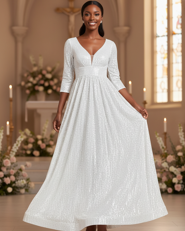 Weisses Pailletten Kleid Dreiviertel - Ansicht 1