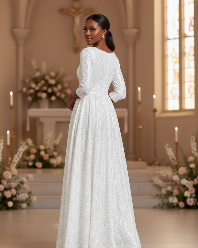 Weisses Pailletten Kleid Dreiviertel - Ansicht 2