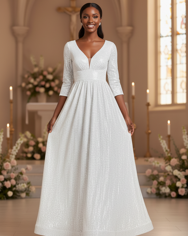 Weisses Pailletten Kleid Dreiviertel - Ansicht 3