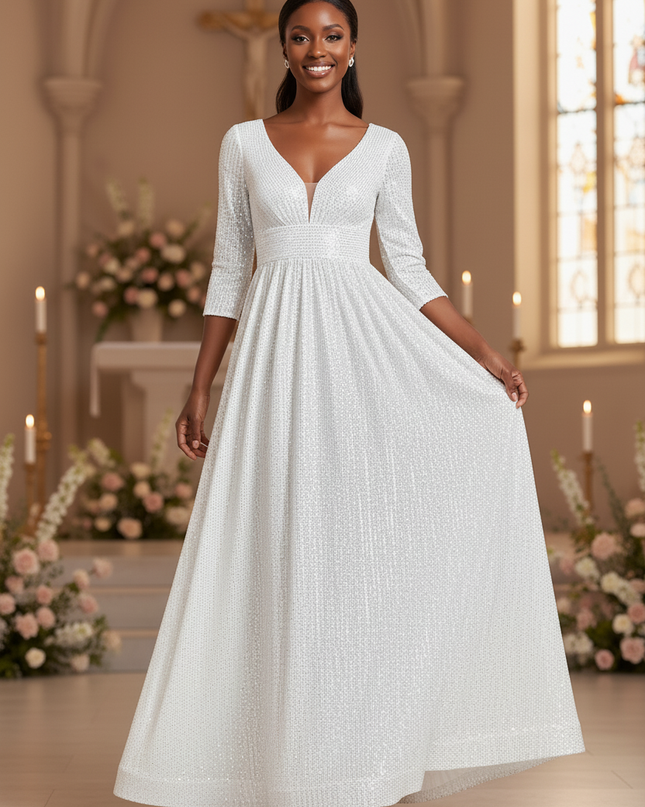 Weisses Pailletten Kleid Dreiviertel - Ansicht 4