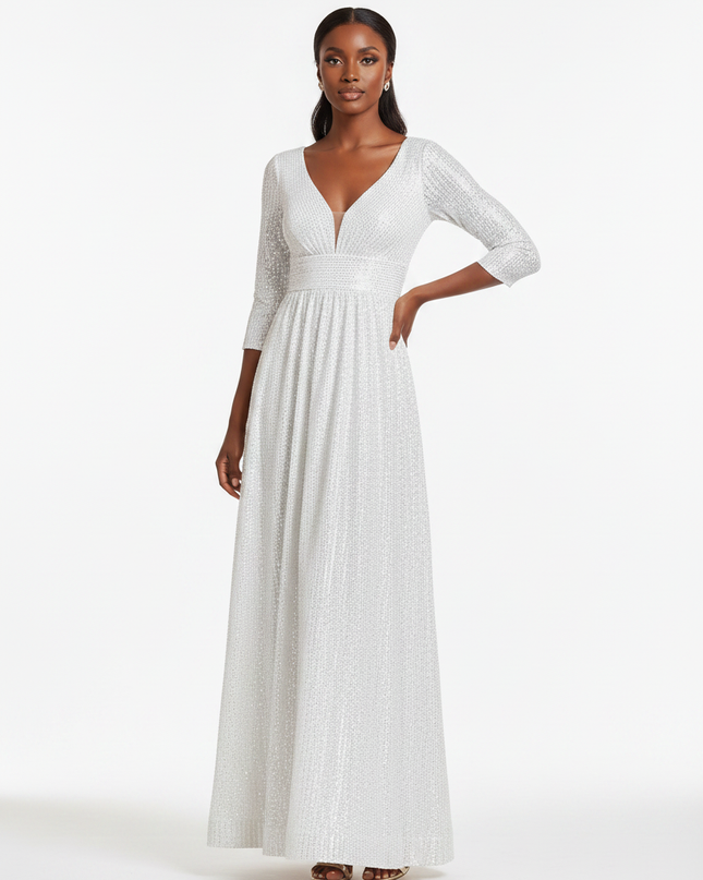 Weisses Pailletten Kleid Dreiviertel - Ansicht 5