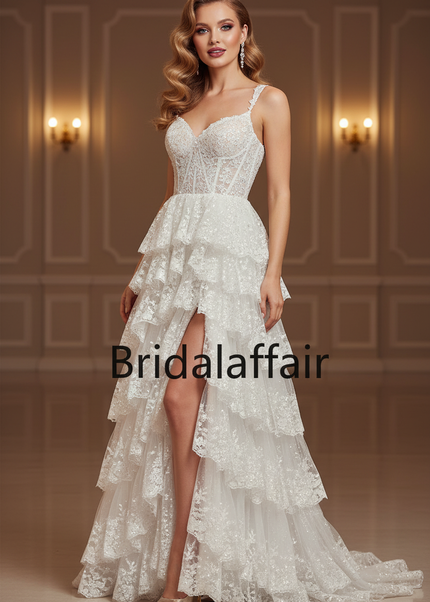 Weisses Tull Glitzerkleid A-Linie Lang - Ansicht 1