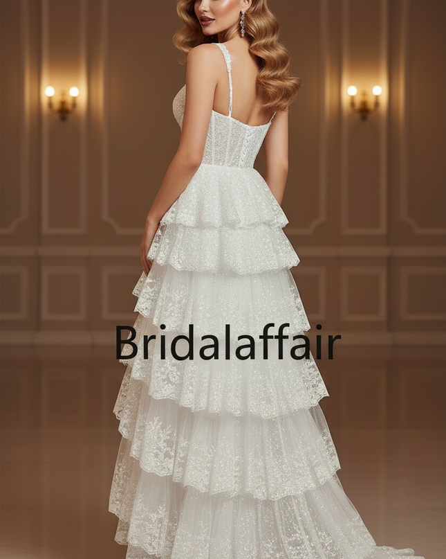 Weisses Tull Glitzerkleid A-Linie Lang - Ansicht 2