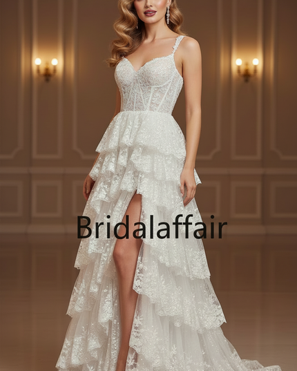Weisses Tull Glitzerkleid A-Linie Lang - Ansicht 3